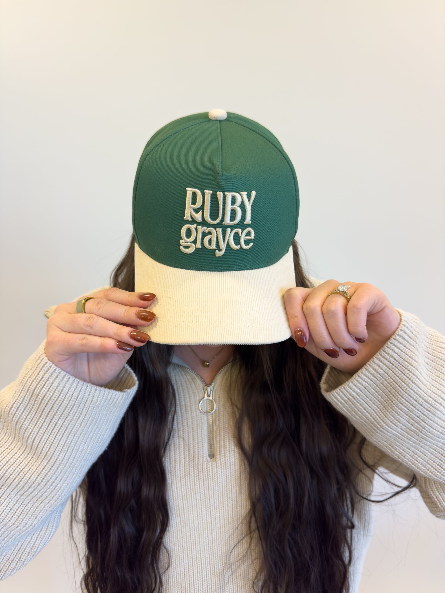Signature Ruby Grayce Hat | Green Trucker Hat with Cream Corduroy Bill